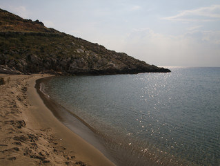 Beautiful sandy beach with clear water, in Mani Peloponnese, Greece, shot from above
