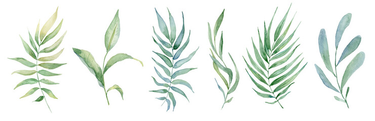 watercolor green leaves set