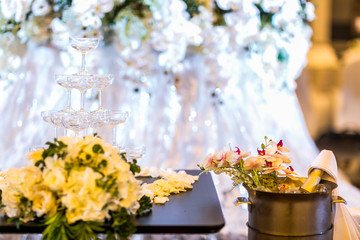 Champagne glass tower and champagne in wedding