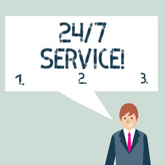 Writing note showing 24 Or 7 Service. Business concept for service that is available any time and usually every day Businessman Smiling and Talking Blank Color Speech Bubble
