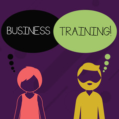 Word writing text Business Training. Business photo showcasing increasing the knowledge and skills of the workforce Bearded Man and Woman Faceless Profile with Blank Colorful Thought Bubble
