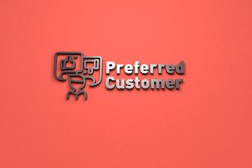 3D illustration of Preferred Customer, brown color and brown text with red background.