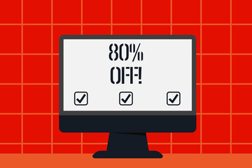 Fototapeta premium Conceptual hand writing showing 80 Percent Off. Concept meaning 80 percent reduction on the original price of a product Blank Desktop Computer Colorful Screen Freestanding on Table