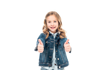 front view of curly child in denim jacket showing thumbs up isolated on white