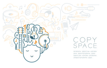 Dream with sleeping kid boy and music instrument icon, Imagination of Future Occupation "Musician" concept, poster or flyer template layout design illustration isolated on white background, with space