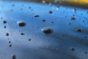 Close view on car paint polished with water drops. Waxed black car body panel with water beading