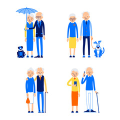 Set elderly couple. Happy retirement concept. Holiday leisure. Love, romance relationship. Caucasian people outdoor. Aged cute pensioners. Illustration isolated on white background in flat style