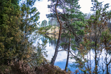 Picturesque landscape. Rocky shore with pine trees and clear lake, on a spring day. Russia. Ladoga. Karelia.
