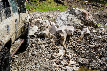Wheels in the marsh. Offroad on Jeep in the Carpathian Mountains