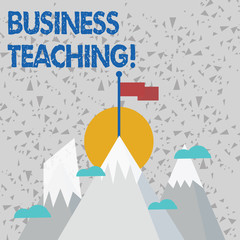 Text sign showing Business Teaching. Business photo text teaching the skills and operation of the business industry Three High Mountains with Snow and One has Blank Colorful Flag at the Peak