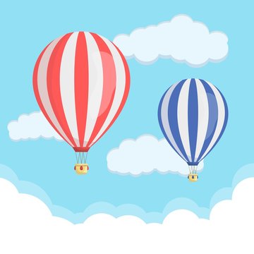 Red and blue hot air balloon with clouds in the sky. Travel concept template design.