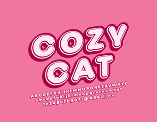 Vector cute sign Cozy Cat with Pink retro Font. 3D lovely Alphabet Letters, Numbers and Symbols set