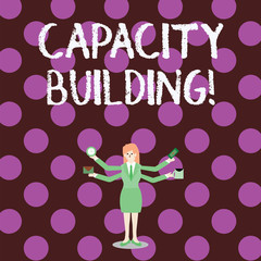 Word writing text Capacity Building. Business photo showcasing Strengthen the abilities of individuals Workforce planning Businesswoman with Four Arms Extending Sideways Holding Workers Needed Item