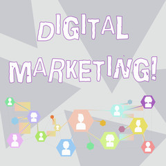 Word writing text Digital Marketing. Business photo showcasing marketing of products using digital technologies Online Chat Head Icons with Avatar and Connecting Lines for Networking Idea