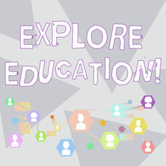 Word writing text Explore Education. Business photo showcasing Discover the ways of acquiring knowledge or skills Online Chat Head Icons with Avatar and Connecting Lines for Networking Idea