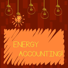 Text sign showing Energy Accounting. Business photo showcasing measure and report the energy consumption of activities Set of Transparent Bulbs Hanging with Filament and One is in Lighted Icon