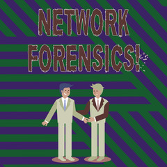 Handwriting text writing Network Forensics. Conceptual photo monitoring and analysis of computer network traffic Two Businessmen Standing, Smiling and Greeting each other by Handshaking