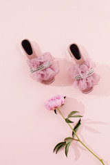 Pink tulle volant leather flat female footwear