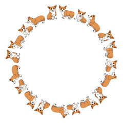 Round frame made of cute pembroke welsh corgi in different poses. Vector dog illustration for your design