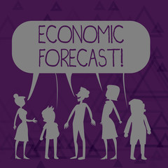 Writing note showing Economic Forecast. Business concept for attempting to predict the future condition of the economy Figure of People Talking and Sharing Colorful Speech Bubble