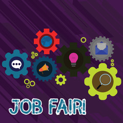 Text sign showing Job Fair. Business photo text event in which employers recruiters give information to employees Set of Global Online Social Networking Icons Inside Colorful Cog Wheel Gear