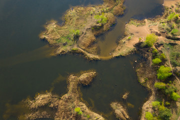 Coastline of lake aerial view. View from above on lakeside coast