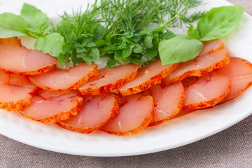 Homemade chicken breast basturma, top view, horizontal