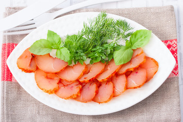 Homemade chicken breast basturma, top view, horizontal