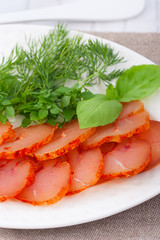 Homemade chicken breast basturma, selective focus