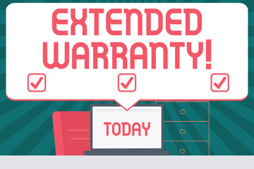 Handwriting text writing Extended Warranty. Conceptual photo contract which gives a prolonged warranty to consumers Blank Huge Speech Bubble Pointing to White Laptop Screen in Workspace Idea