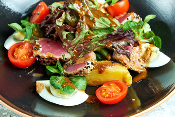 Warm Tuna Salad. Beautiful serving dishes. Light gray background. Restaurant menu