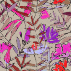 Crayon abstract flowers and leaves background. Chalk textured floral drawing in bright colors seamless pattern. Hand drawn colorful childlike illustration. Kids drawing with rough texture.  - 266711958