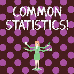 Word writing text Common Statistics. Business photo showcasing used to calculate values related to statistical concepts Businesswoman with Four Arms Extending Sideways Holding Workers Needed Item