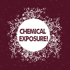 Text sign showing Chemical Exposure. Business photo text Touching, breathing, eating or drinking harmful chemicals Disarrayed and Jumbled Musical Notes Icon Surrounding Blank Colorful Circle