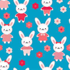 Seamless pattern. Hares in pink clothes on a blue background with flowers. Kawaii. Pink seam. Vector illustration. Can be used for wallpaper, textile, invitation card, wrapping, web page background.