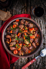 Irish beef, traditional roast, top view, selective focus