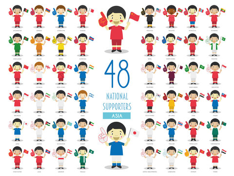 Set of 48 national sport team fans from Asian countries Vector Illustration