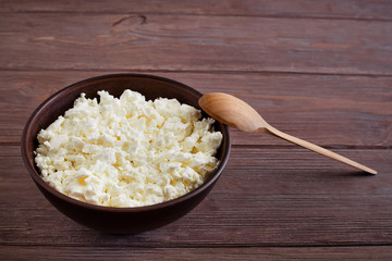 homemade cottage cheese with a wooden spoon on a brown table
