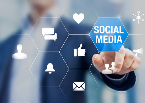 Social media network community manager touching icons about reputation on internet with likes, love, messages, shares and viral advertisement, online corporate presence, professional business person