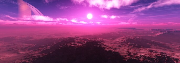 Alien landscape, sunset above the surface of the planet in space, 3d rendering