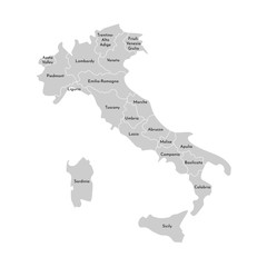 Vector isolated illustration of simplified administrative map of Italy. Borders and names of the provinces (regions). Grey silhouettes. White outline