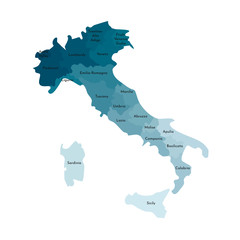 Vector isolated illustration of simplified administrative map of Italy. Borders and names of the regions. Colorful blue khaki silhouettes