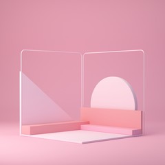 3d rendering, minimal scene with pink trendy shapes in abstract geometric background, modern mock up, corner podium, blank template, pink shapes and platform, empty showcase, shop display, pastel pink