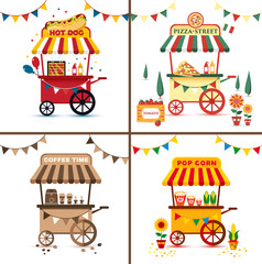 Obraz premium Set of street food with pizza, hot dog, coffee, pop corn. Flat bright design illustration.