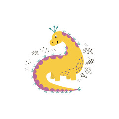 Stylish illustration with dinosaur. lovely childish card in spring colors. greeting card,poster,banner illustration. isolated scandinavian cartoon illustration.