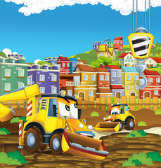 cartoon scene with diggers excavators on construction site father and son - illustration for the children