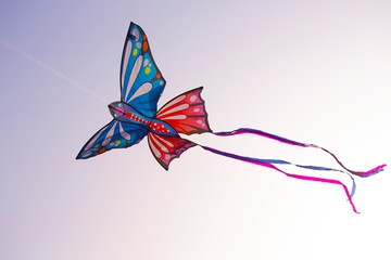 Obraz na płótnie Canvas Colorful butterfly kite with bright ribbons is flying in the sky on the sunset.