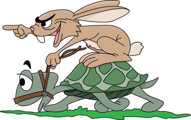 Cartoon rabbit riding a turtle encouraging his partner to be faster vector illustration