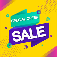 Super Sale and special offer. 50 off. Vector illustration. Trendy neon geometric figures wallpaper in a modern material design style. Coloured banner