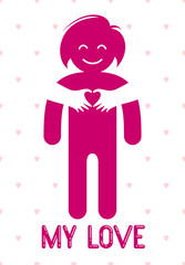 Beloved woman with care hands of a lover or friend hugging her around from behind, vector icon logo or illustration in simplistic symbolic style.